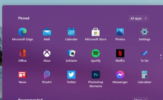 Start menu OS 11 Windows